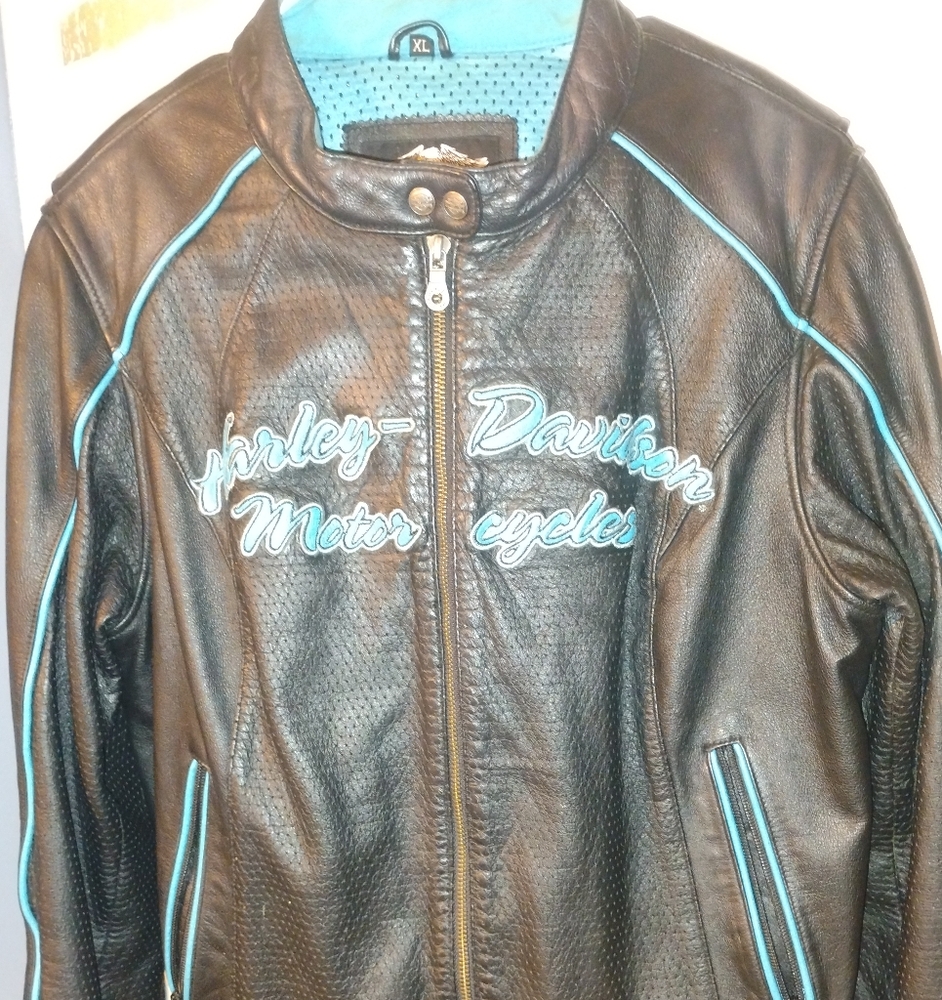 Harley-Davidson Women's Brown Leather Jacket with Blue Accents